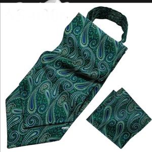 Hi Tie Mens Silk Gray Gold Ascot Cravat Tie Pocket Square Cufflinks Set Party